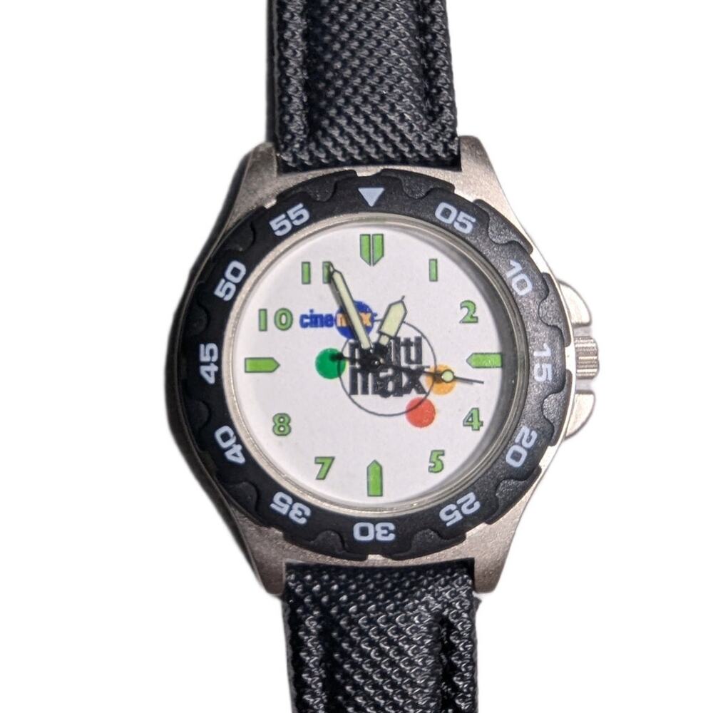 Vtg Y2K Cinemax Multimax Unisex Black Band Rotating Bezel Quartz Wrist Watch - Picture 3 of 5
